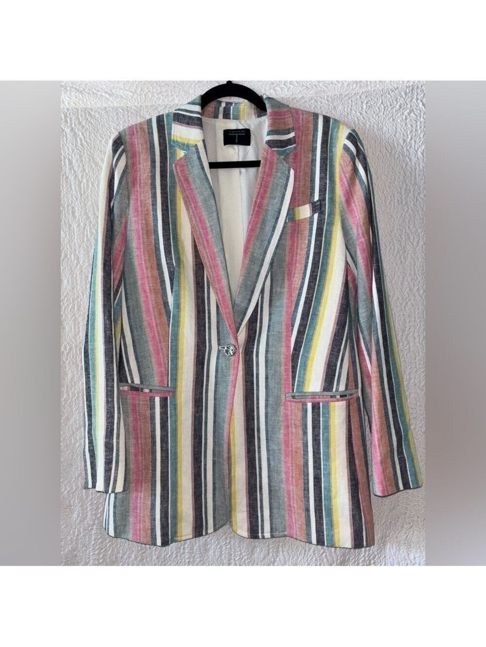 Tahari Striped Multicolor Linen Blend Long Sleeve Blazer